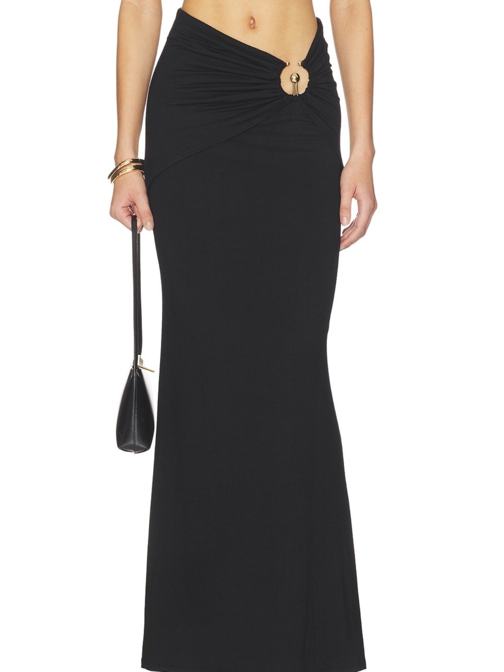 Superdown Clayre Maxi Skirt in Black with Ruched Gold Hardware